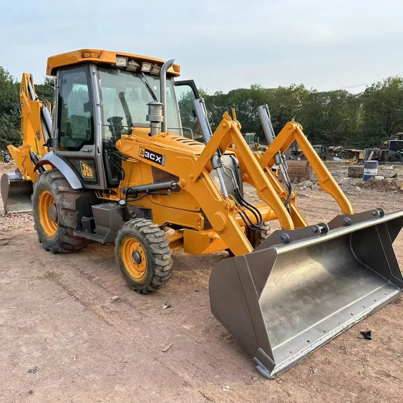 Used JCB 3CX backhoe loader front view showing loader arm and rugged exterior