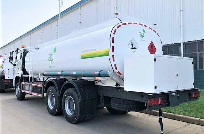Close-up of HOWO NX 300HP Fuel Tank Truck tank body for diesel and kerosene delivery