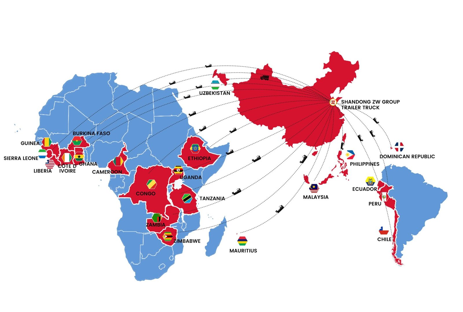 Export map of ZW Vehicle Group showing key markets in Africa, the Middle East, and South America.