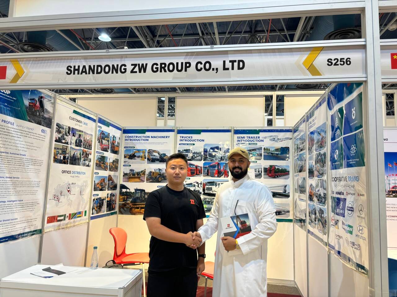 ZW Group booth at Saudi Arabia exhibition showing HOWO trucks