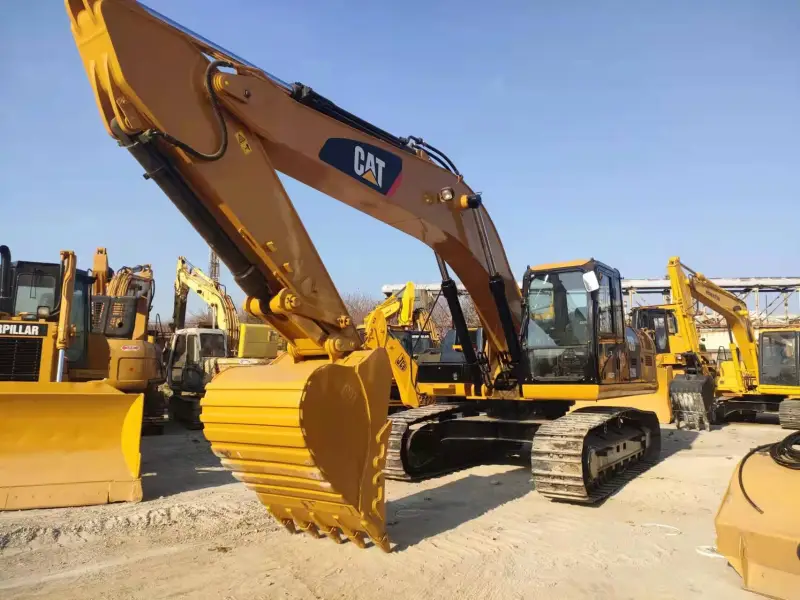 CAT 329D Excavator front view with boom and arm fully extended