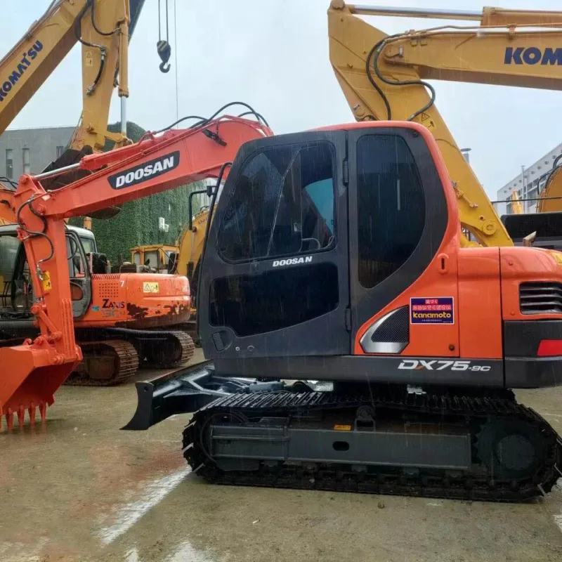 Side view of Doosan DX75 excavator with boom fully extended, showing detailed hydraulic arm and track system