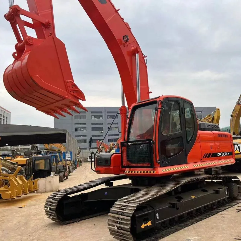 Used Doosan DX300 excavator three-quarter angle view with boom and arm fully extended