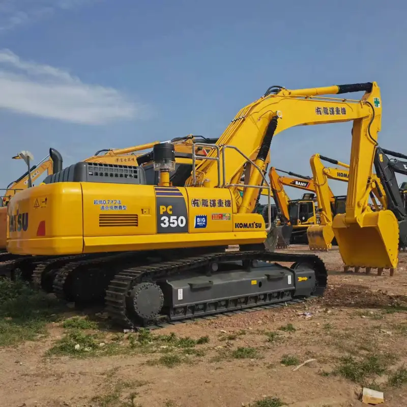 Komatsu PC350 excavator three-quarter side view showing cabin and frame