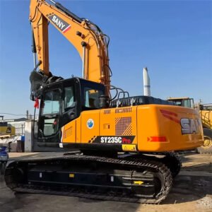 Used Sany SY235C Excavator front view showing reinforced undercarriage and hydraulic arm
