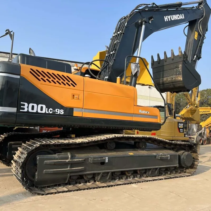 Three-quarter angle of Hyundai 300 excavator displaying cab, boom, and undercarriage