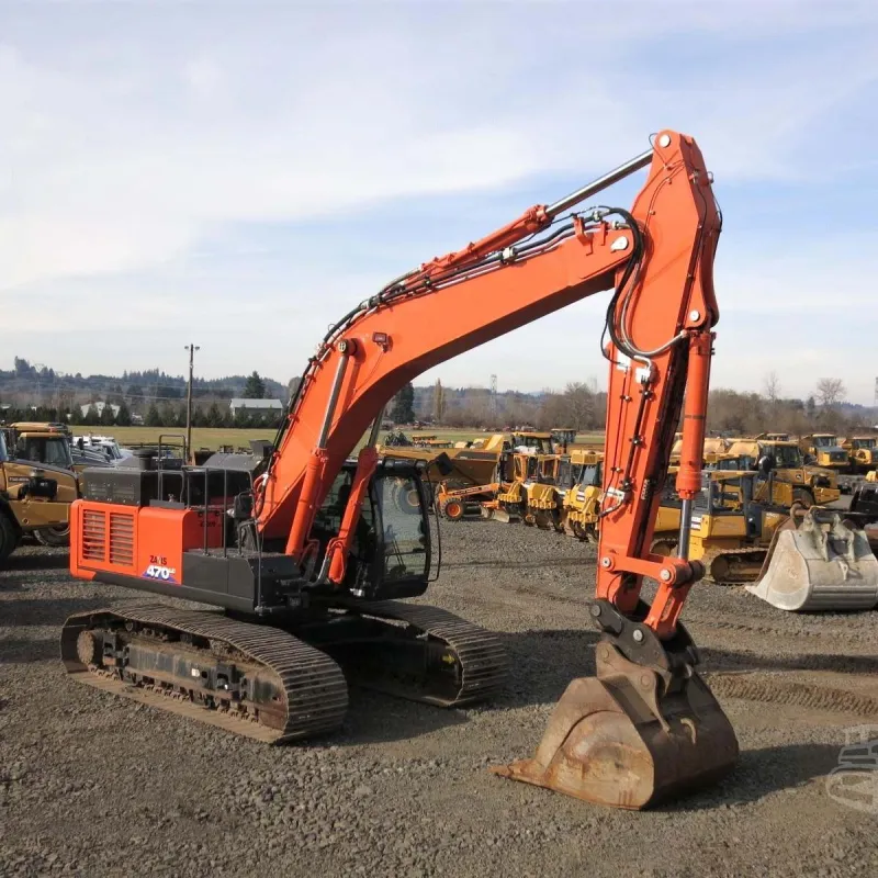 Used Hitachi ZX470 Excavator side view with boom fully extended, showing hydraulic arm and robust undercarriage