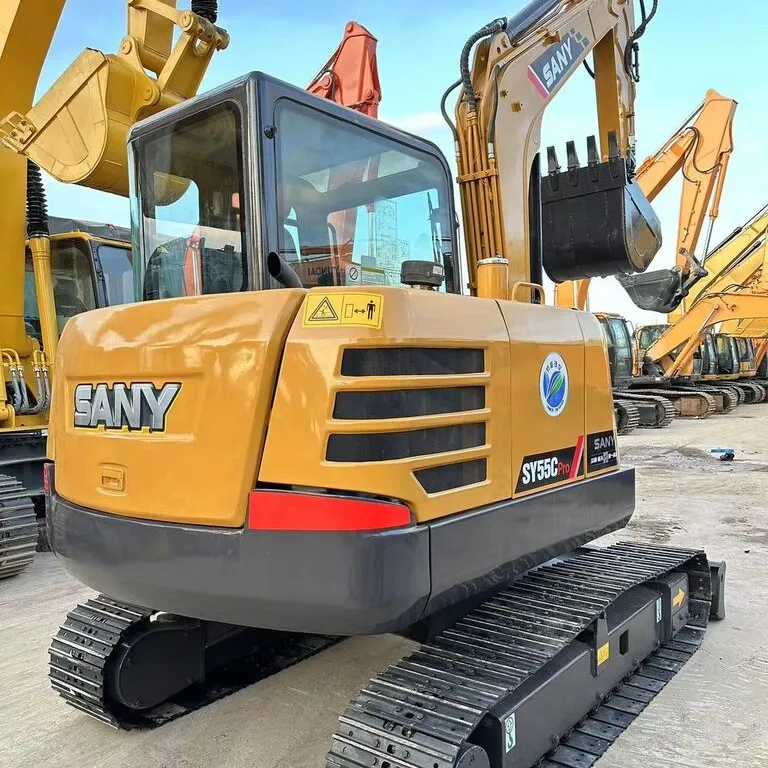 Used Sany SY55C Excavator 3/4 angle view with boom extended showing hydraulic arm and digging capability