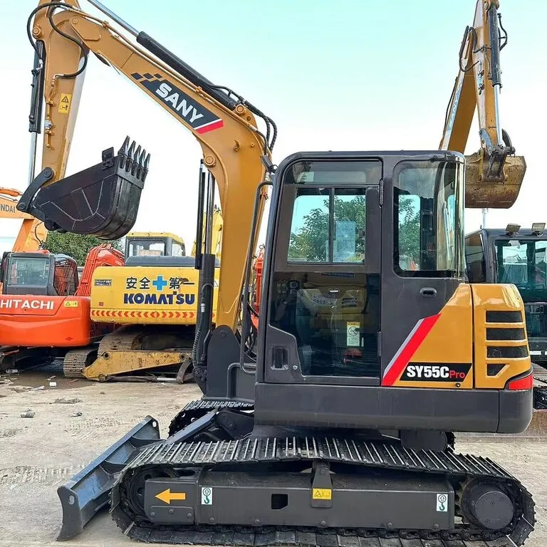Side view of Used Sany SY55C Excavator with boom extended highlighting stable tracks and hydraulic performance