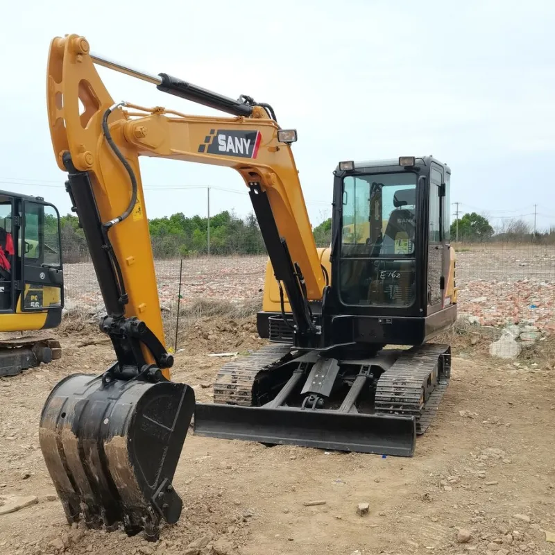 Close-up of Used Sany SY60C Excavator boom and bucket showing hydraulic cylinders and digging capability
