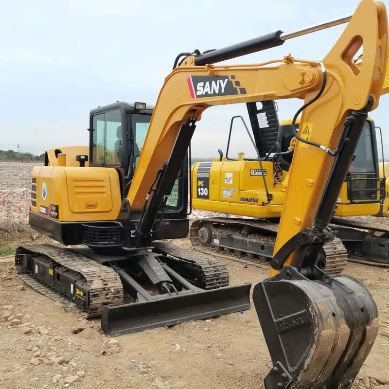 Used Sany SY60C Excavator 3/4 angle view with boom extended showing hydraulic arm and compact design