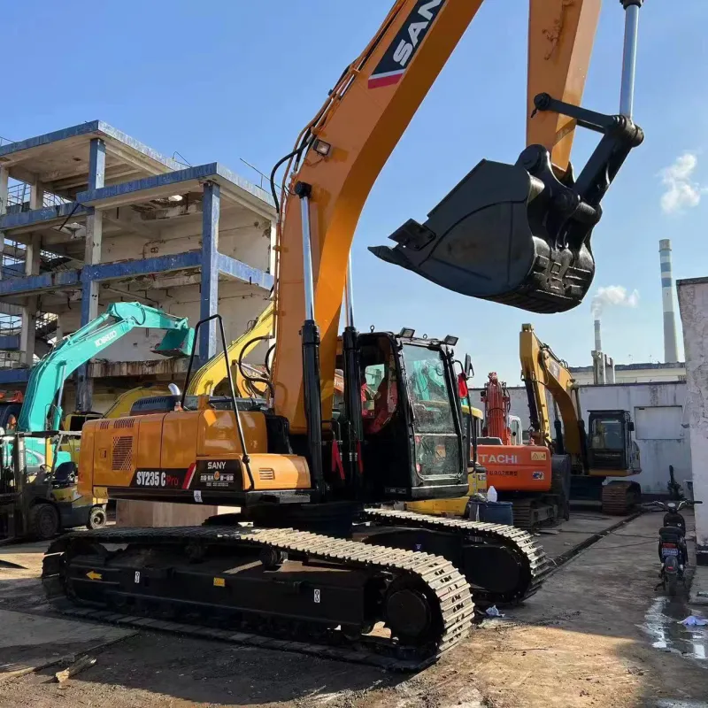 Used Sany SY235C Excavator side view with boom extended showing reinforced undercarriage and hydraulic arm
