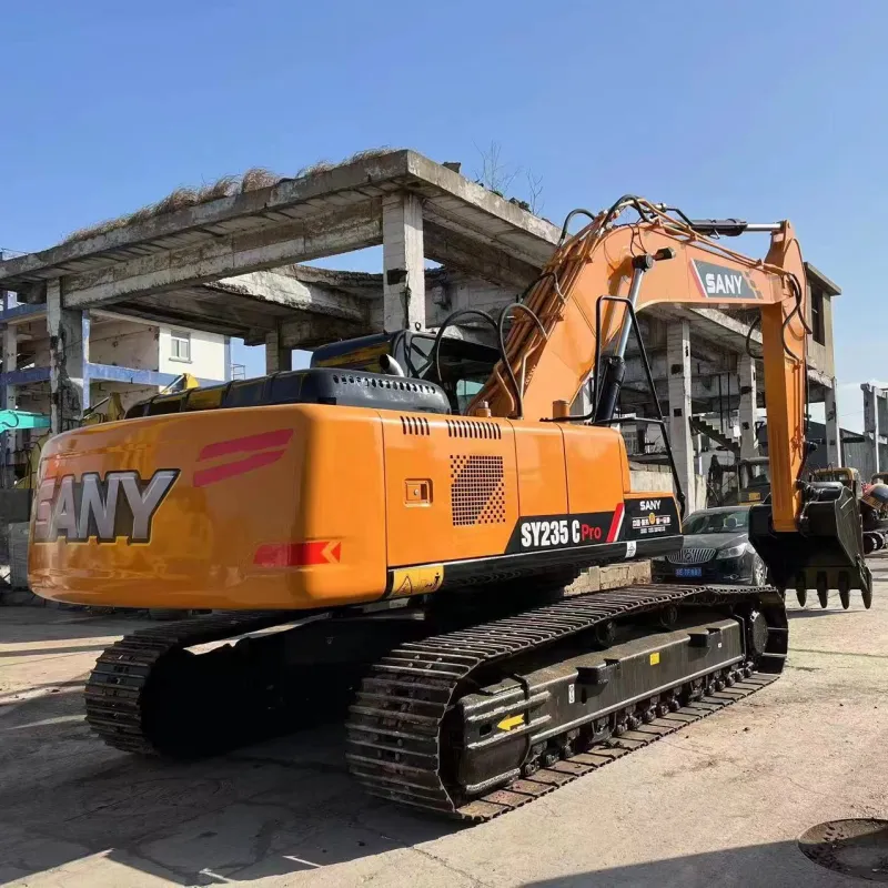 Used Sany SY235C Excavator 3/4 angle view with boom extended highlighting hydraulic system and compact structure