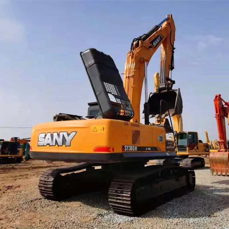 Used Sany SY365H Excavator 3/4 angle view with boom extended showing hydraulic arm and digging performance