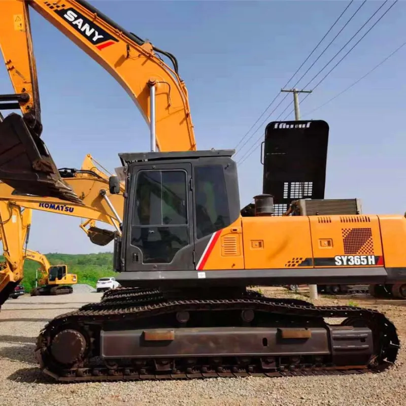 Side view of Used Sany SY365H Excavator with boom extended highlighting track stability and hydraulic arm performance