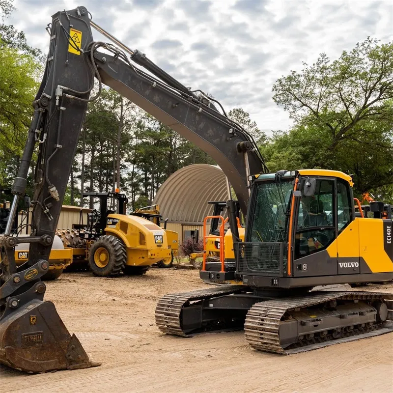 Used Volvo EC140 Excavator 3/4 angle view with boom fully extended for earthmoving and construction