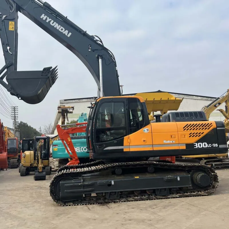 Side view of Hyundai 300 excavator with boom and bucket fully extended during operation