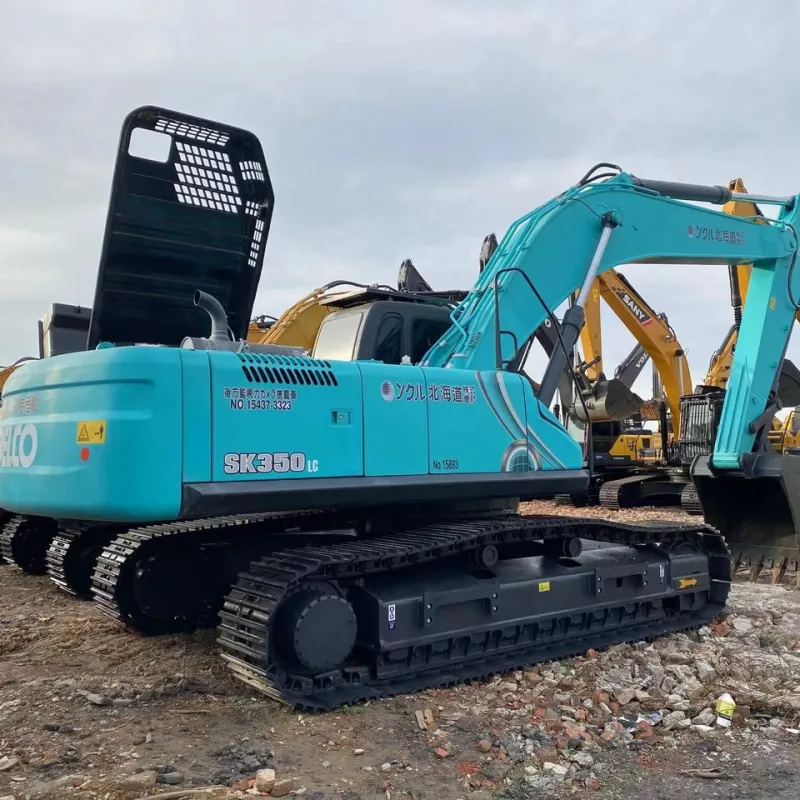 Used Kobelco SK350 Excavator showing 3/4 view, highlighting robust design and versatility