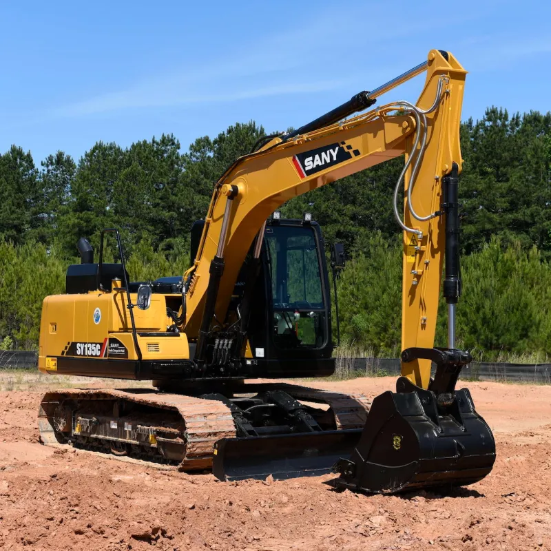 Used Sany SY135C Excavator 3/4 angle view with boom extended showing hydraulic arm and digging performance
