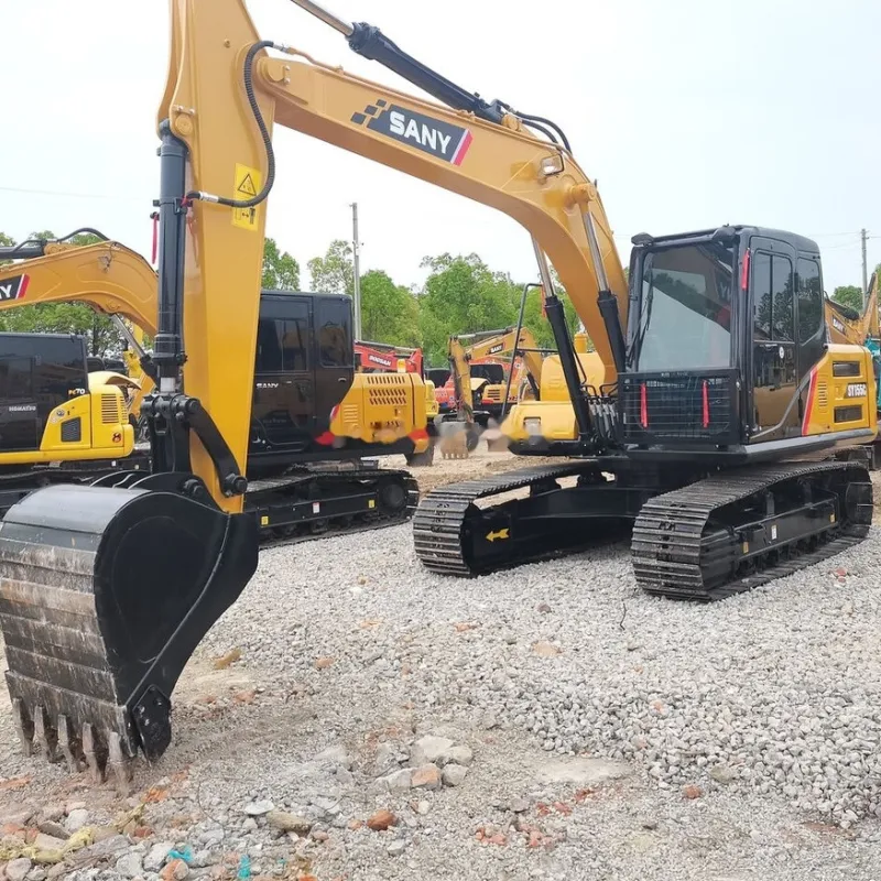 Used Sany SY155U Excavator 3/4 angle view with boom extended showing hydraulic system and arm structure