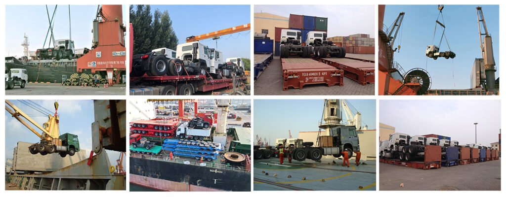ZW Group Howo and Shaanxi trailer tractor trucks being packaged at factory and loaded for international shipping at port