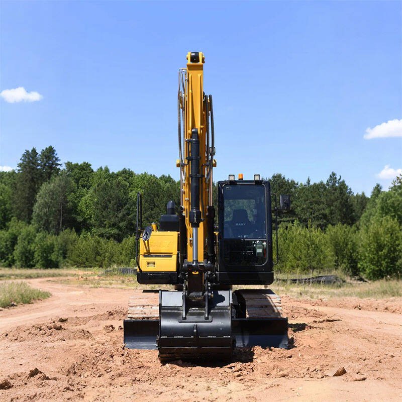 Used Sany SY135C Excavator front view showing compact body, steel tracks, and robust undercarriage