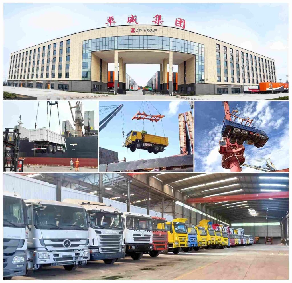 ZW GROUP modern factory headquarters, heavy duty truck port shipment, and vehicle warehouse inventory