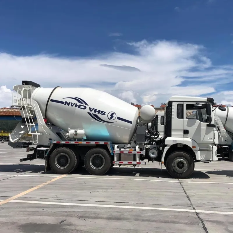 Side view of Shacman H3000 concrete mixer truck showing full chassis, mixing drum, and 6x4 configuration