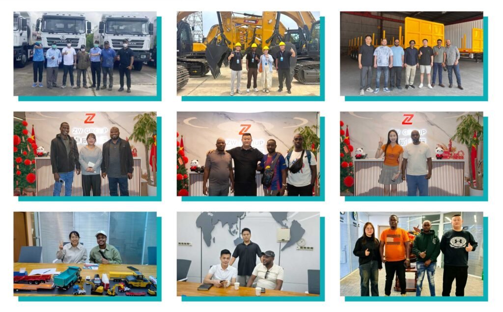 Customers from various countries touring ZW Group factory, inspecting heavy trucks, semi trailers, and new energy vehicles