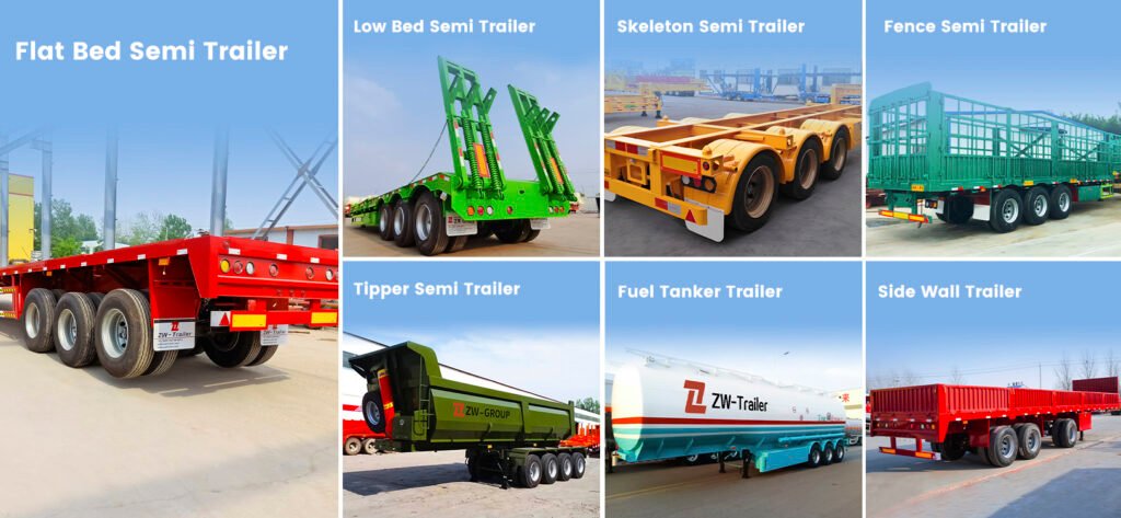 ZW Group semi trailers including flatbed, dump, fuel tanker, stake, and curtain-side trailers for heavy transport solutions