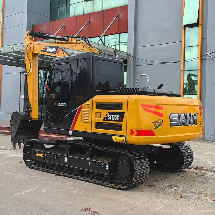 Sany SY135C excavator rear three-quarter view showing counterweight and cabin design