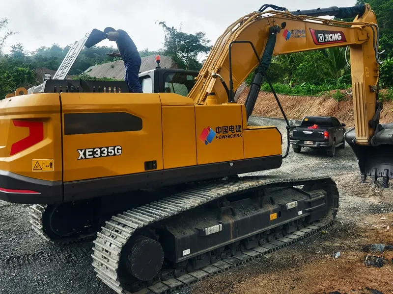 XCMG XE335G 33.5t Excavator rear three-quarter view showing undercarriage and robust construction