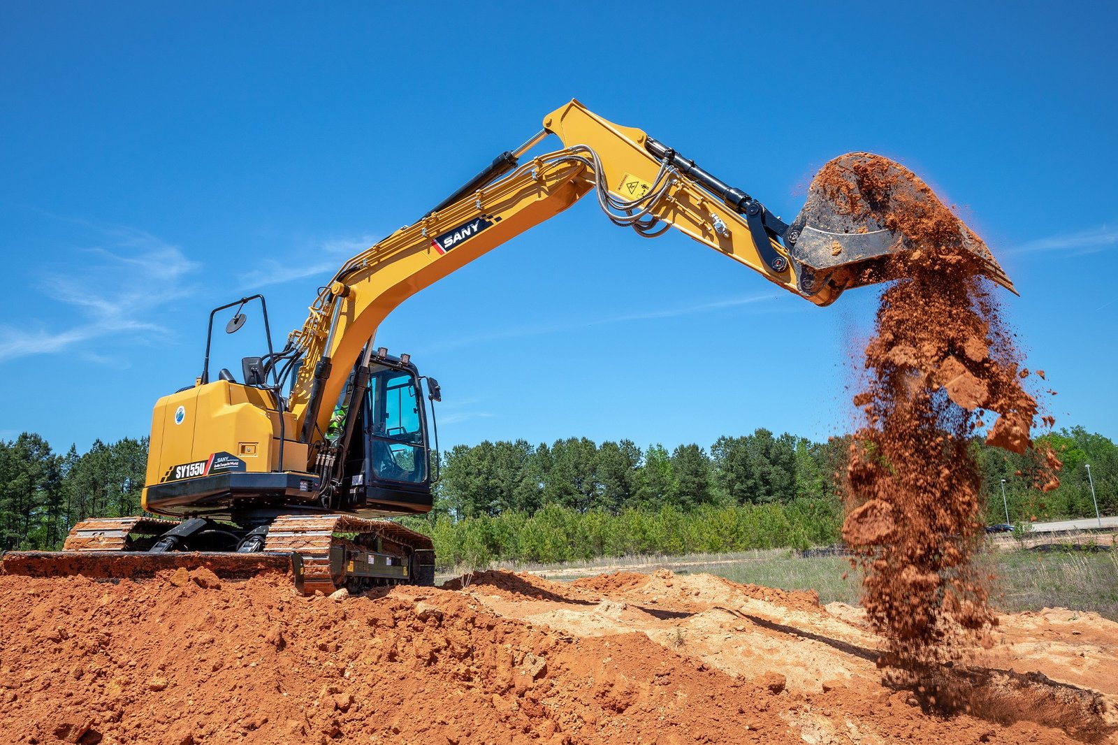 Sany SY155U excavator arm close-up showing hydraulic and boom components