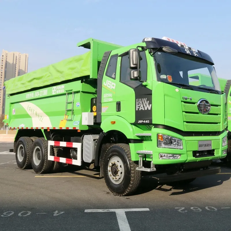 FAW J6P 6x4 440HP Dump Truck front 3/4 view with reinforced frame and hydraulic dump body