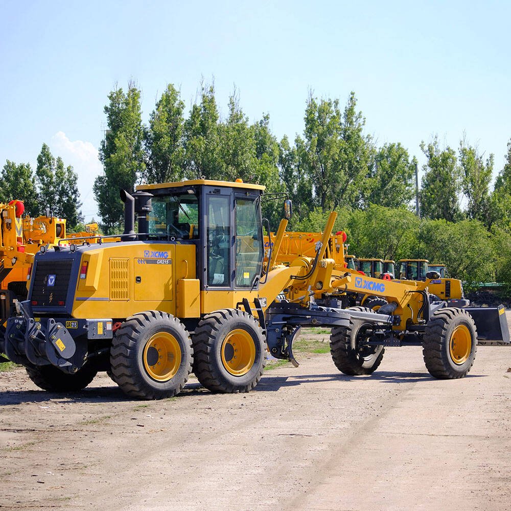 Brand New XCMG GR215 Motor Grader front view for road construction and earthmoving projects with powerful engine and hydraulic system