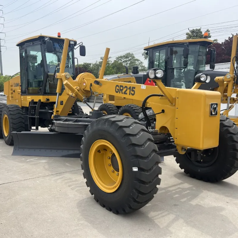 Rear view of Brand New XCMG GR215 Motor Grader showing engine compartment, rear axle, and heavy-duty chassis for earthmoving and grading operations