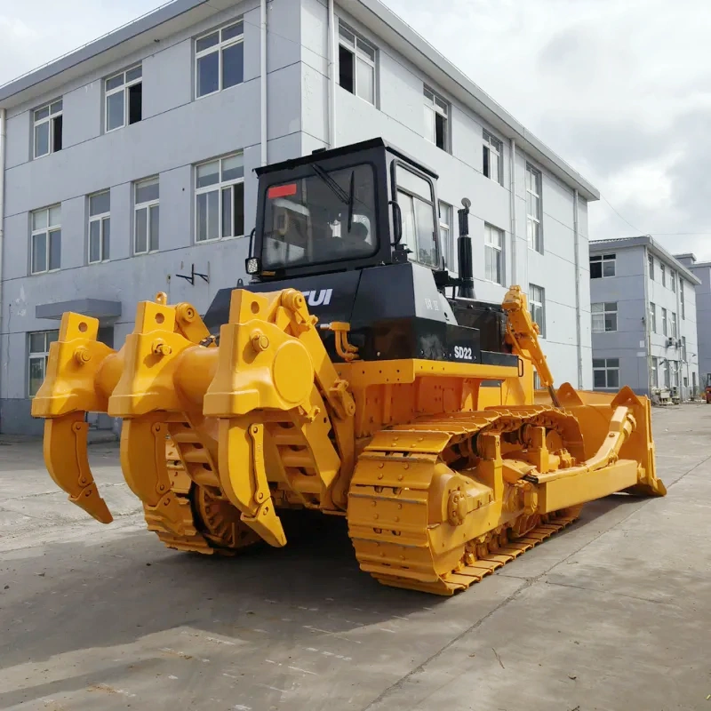 Rear view of Shantui SD22 bulldozer showing engine compartment, ripper attachment area, and heavy-duty rear structure