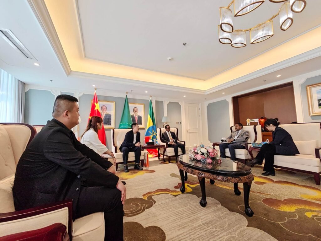 Full delegation of ZW Group leadership holding a high-level meeting at the Ethiopian Embassy in Beijing regarding transport infrastructure and machinery supply.