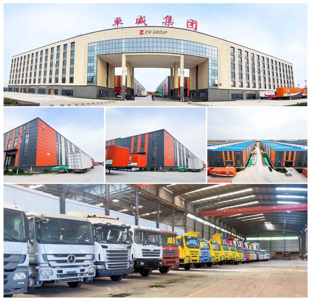 ZW Group's modern manufacturing facility and extensive inventory of heavy-duty trucks including dump trucks, tractor trucks, and specialized machinery ready for global export.