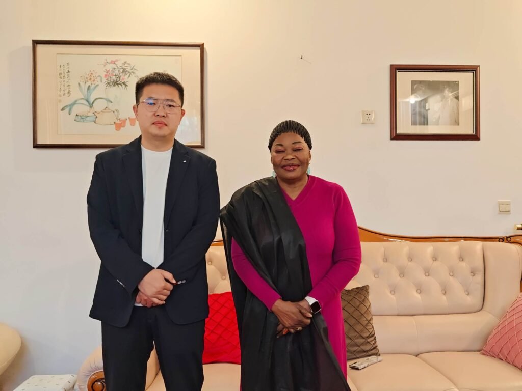 ZW Group Chairman Ivan Sun (Sun Yongchang) with H.E. Aminata Koita, Ambassador of Guinea to China, discussing heavy-duty truck supply and infrastructure projects.