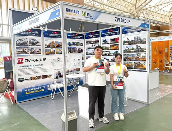 ZW Group representatives giving thumbs-up at Booth A41 during Contech Vietnam 2026 in Hanoi.