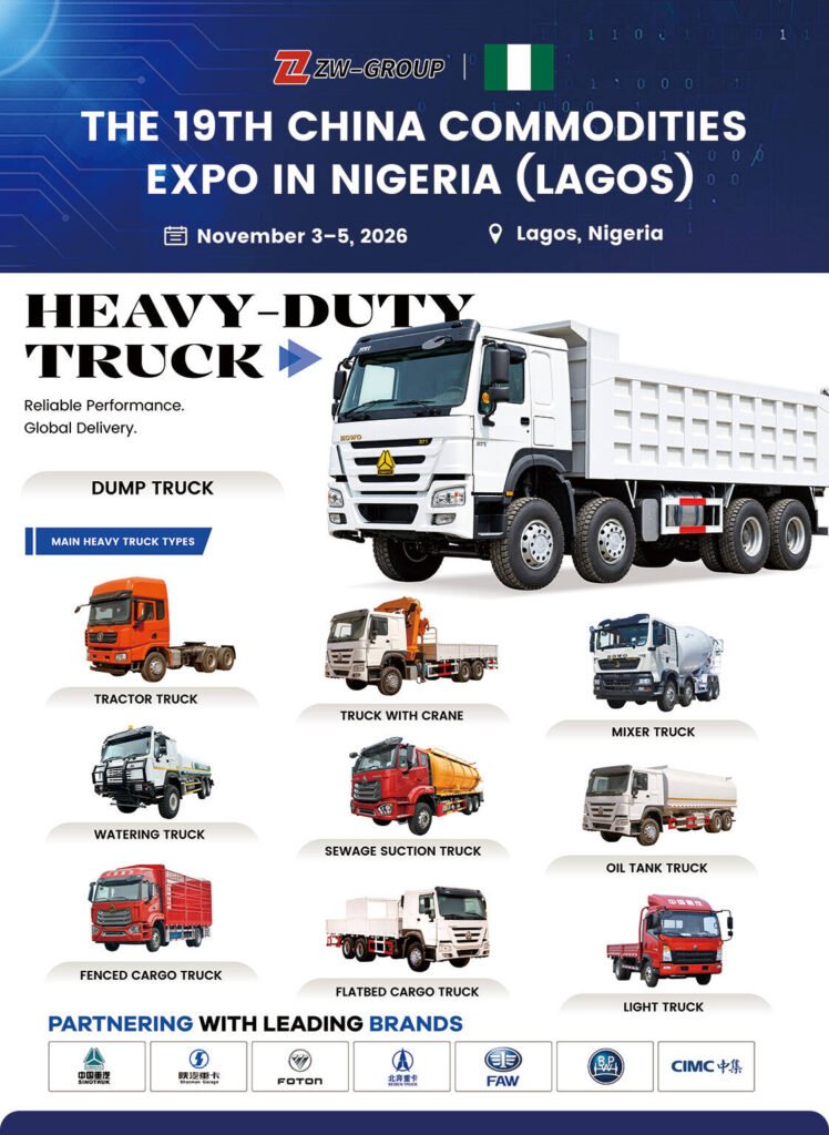 HOWO dump truck featured in ZW Group Nigeria Expo 2026 poster
